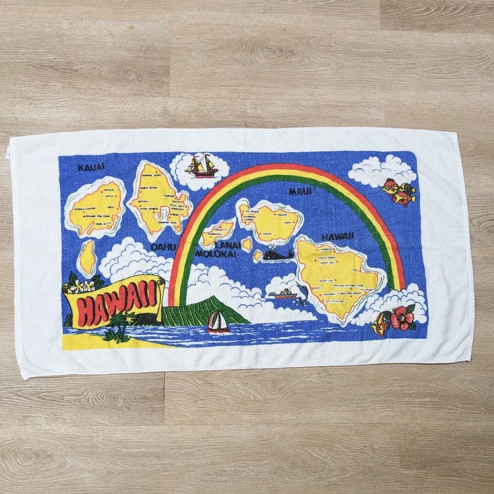 VTG Hawaii Beach Towel Tropical Island Souvenir Destination Rainbow Graphic Map